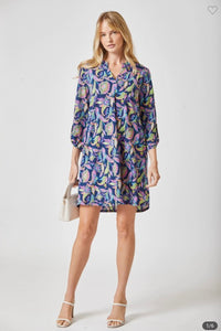 Navy Paisley 3/4 Sleeve Dress