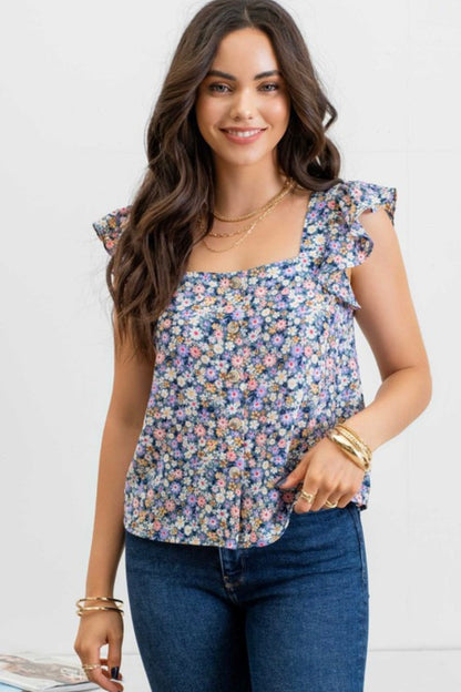 Blue Floral Flutter Sleeve Top