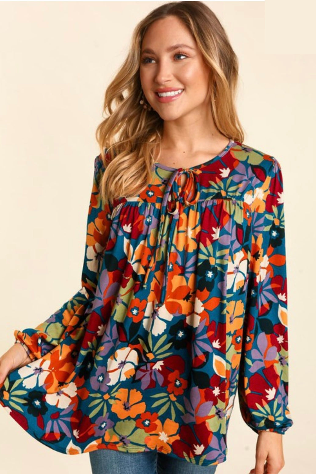 Floral Print Long Sleeve Knit Top With Front Tie String