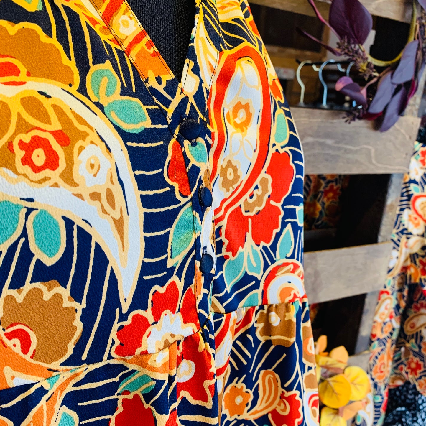 Navy Paisley Satin Dress