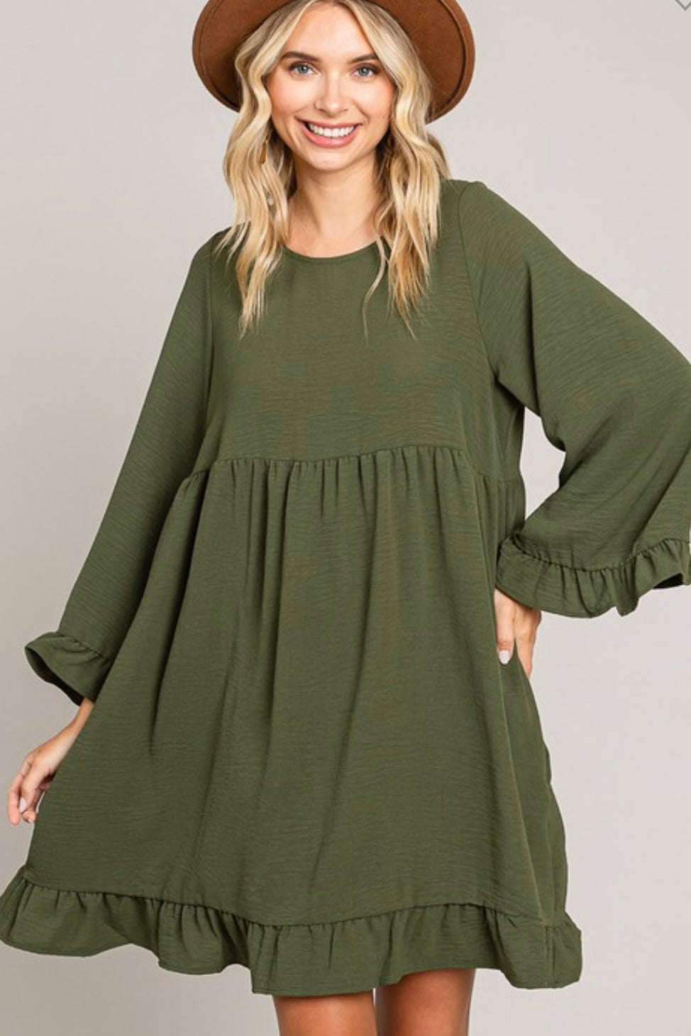 Olive Air Flow Ruffled Edges Round Neck Dress