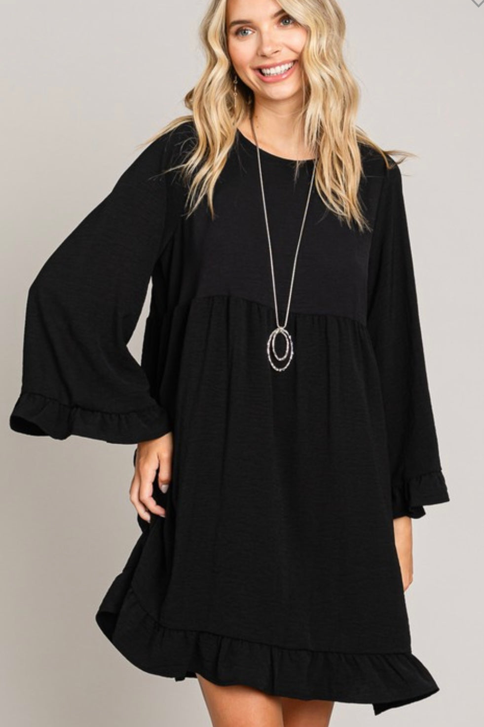Black Women's Air Flow Ruffled Edges Round Neck Dress