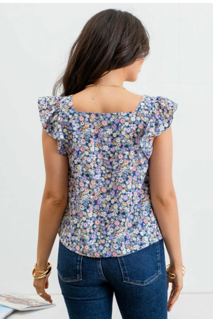 Blue Floral Flutter Sleeve Top