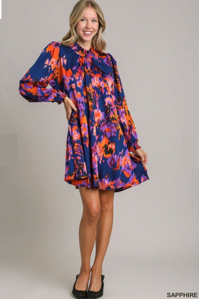 Purple Abstract Floral Satin Dress