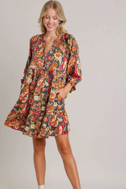 Navy Paisley Satin Dress