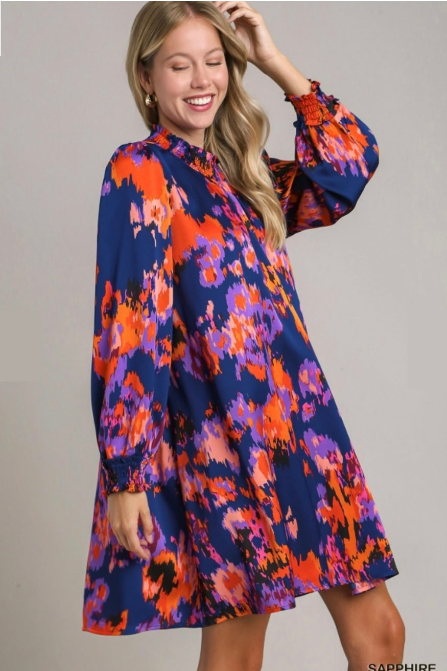 Purple Abstract Floral Satin Dress