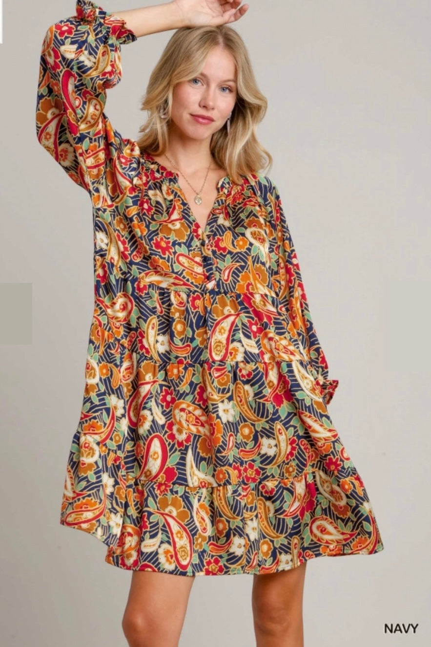 Navy Paisley Satin Dress