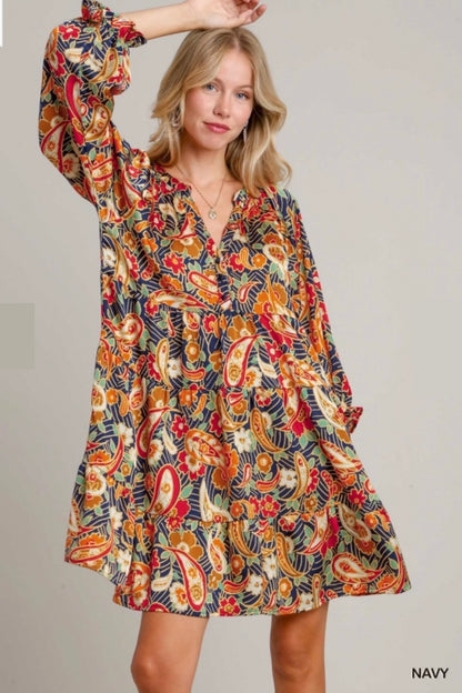 Navy Paisley Satin Dress