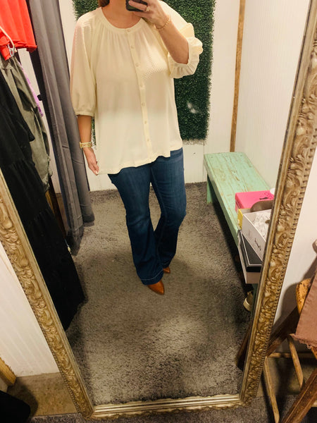 Cream 3/4 Sleeve Button Front Top