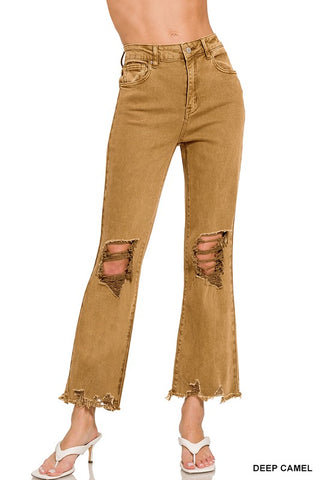 Camel Washed Distressed Denim Pants