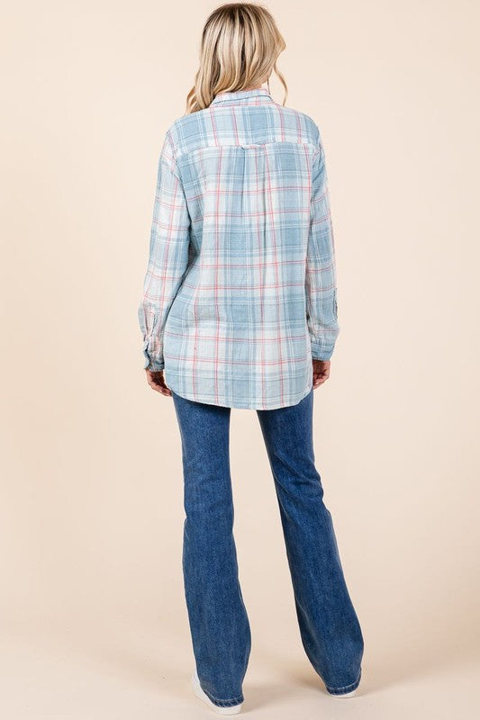 Blue Pink Plaid Button Up Top