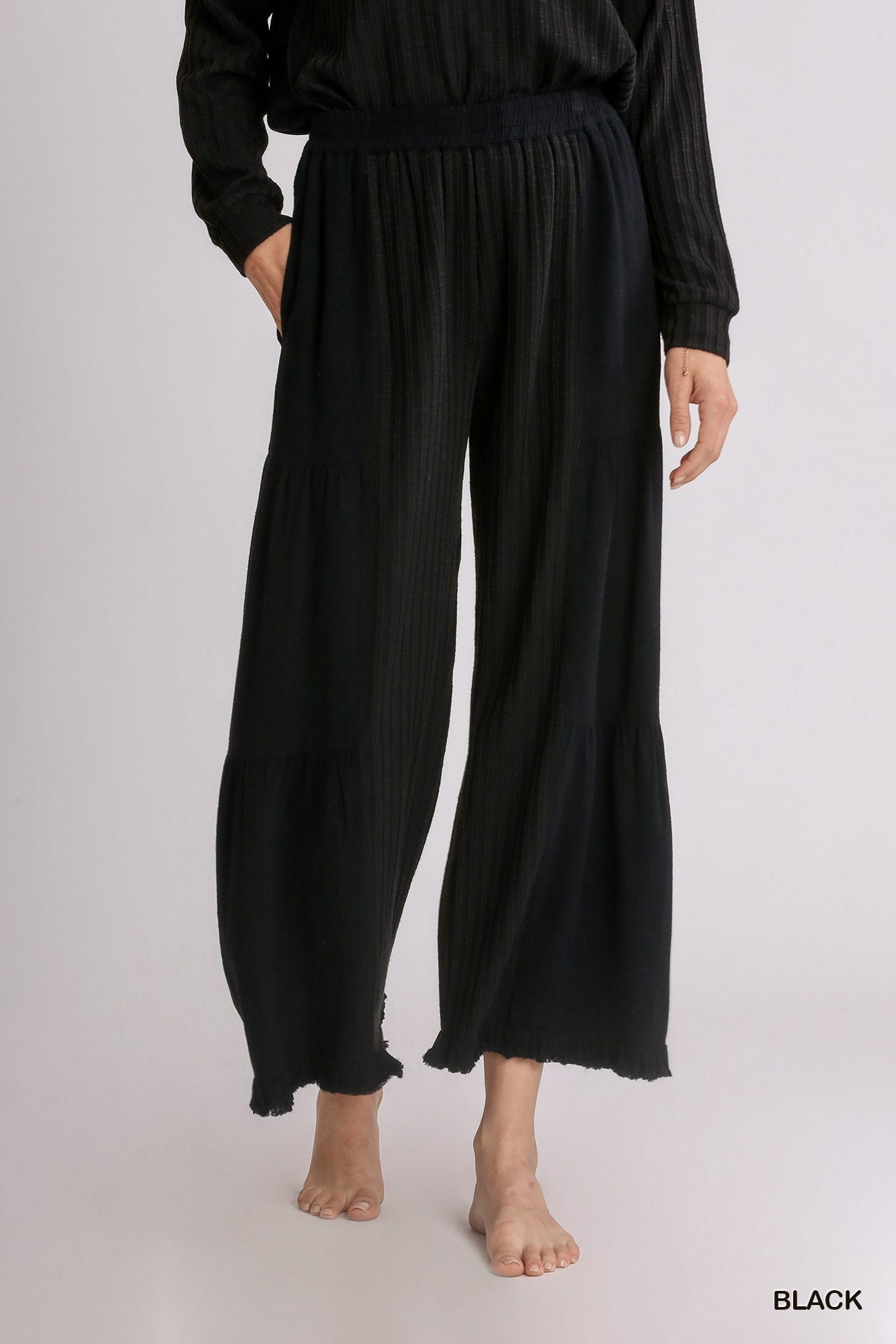 Black Linen Blend Fringed Wide Leg Pants