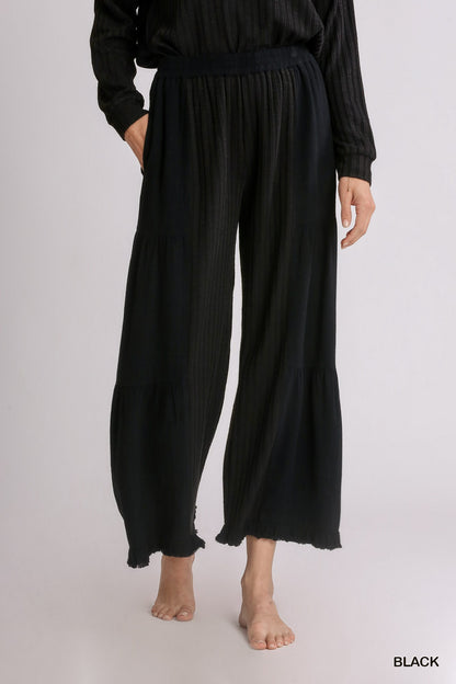 Black Linen Blend Fringed Wide Leg Pants