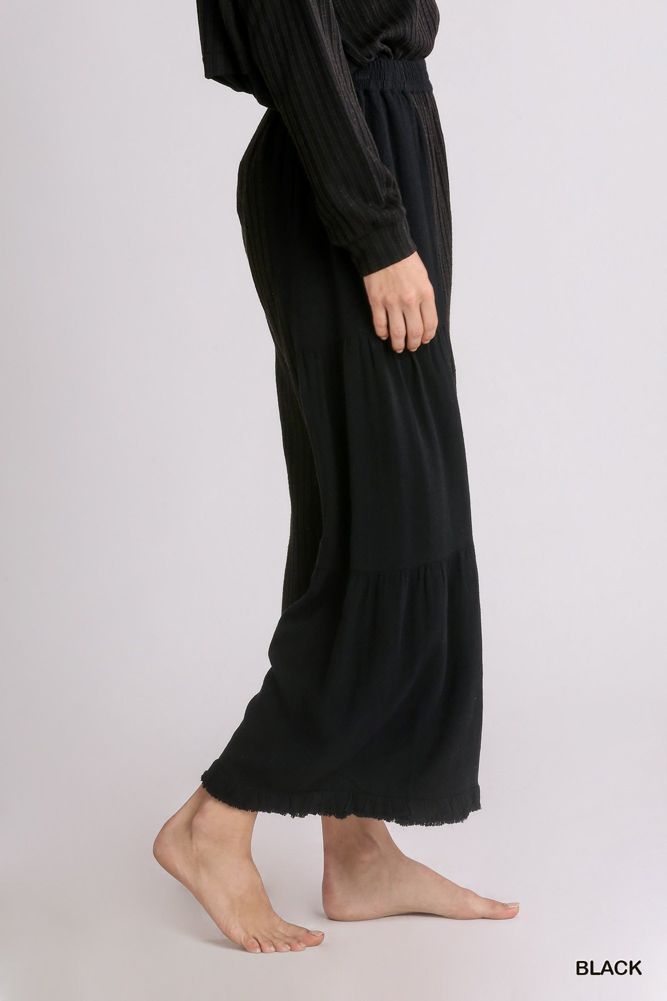Black Linen Blend Fringed Wide Leg Pants