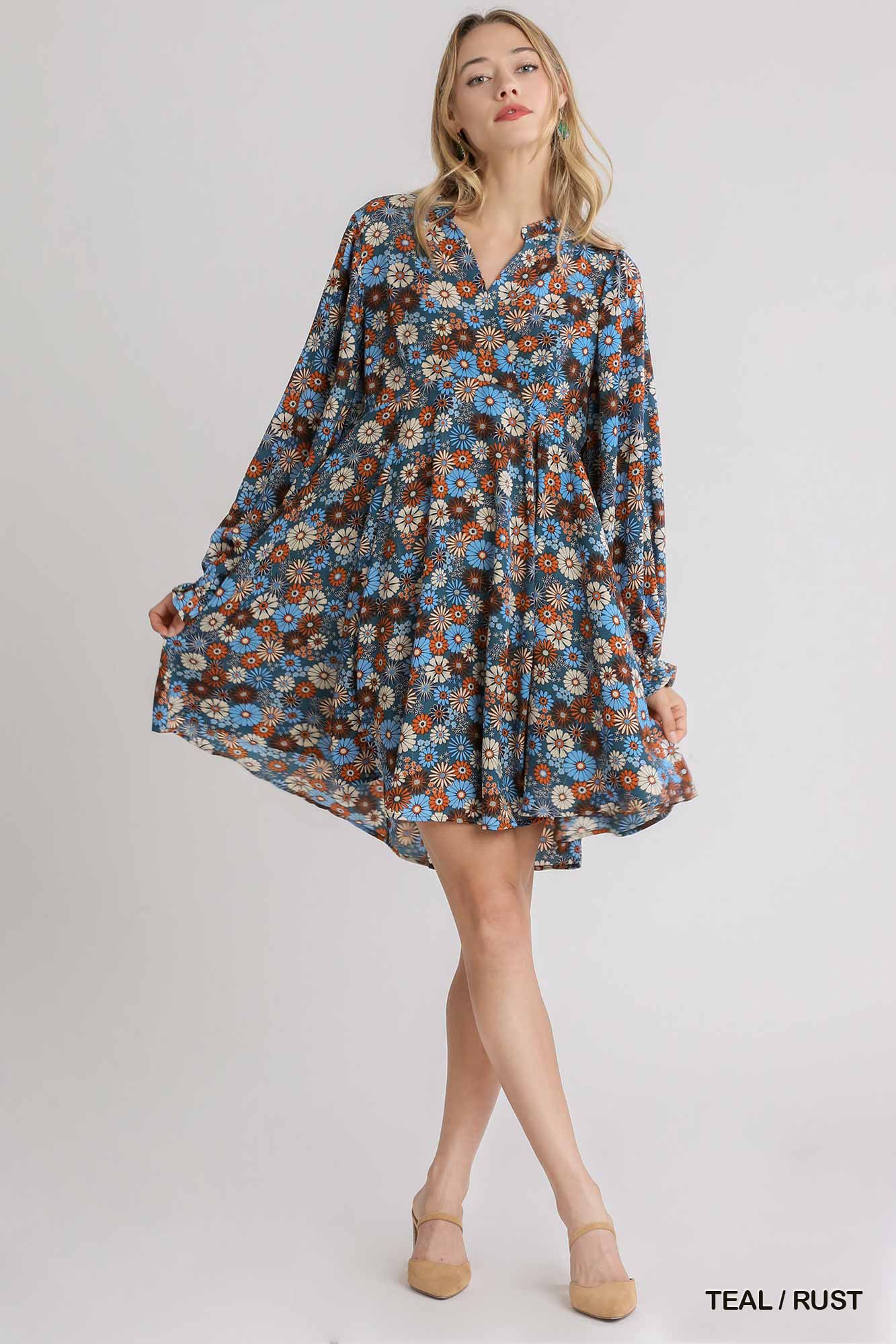 Teal & Rust Floral Short Dress
