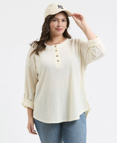 Cream 3/4 Sleeve Henley - Plus