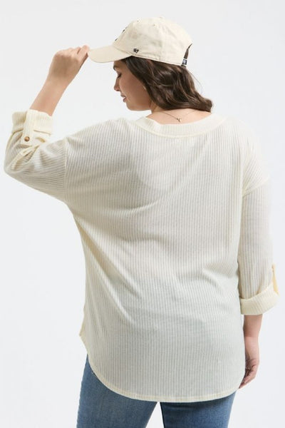 Cream 3/4 Sleeve Henley - Plus