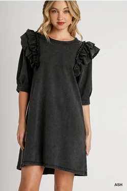 Black Washed Ruffle Sleeve Dress