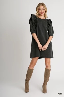 Black Washed Ruffle Sleeve Dress