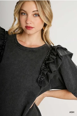 Black Washed Ruffle Sleeve Dress