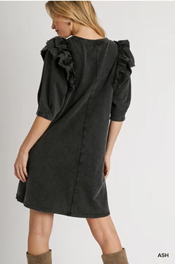 Black Washed Ruffle Sleeve Dress