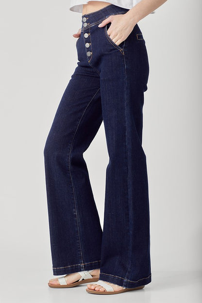 Dark Wide Leg Button Jeans - Plus
