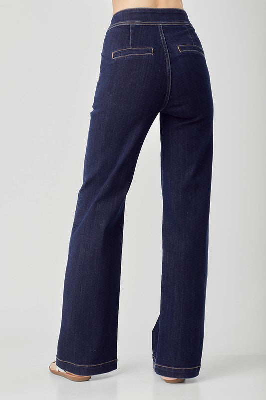 Dark Wide Leg Button Jeans - Plus