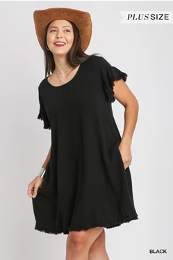 Black Linen Ruffle Detail Dress - Plus