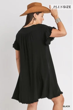 Black Linen Ruffle Detail Dress - Plus
