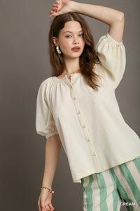 Cream 3/4 Sleeve Button Front Top