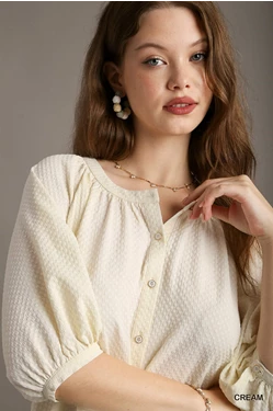 Cream 3/4 Sleeve Button Front Top