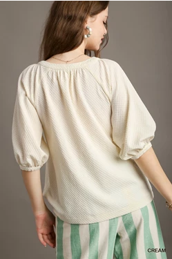 Cream 3/4 Sleeve Button Front Top