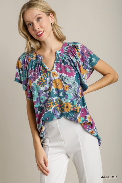 Jade Floral Split Neck Top