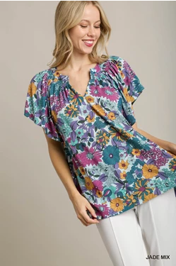 Jade Floral Split Neck Top