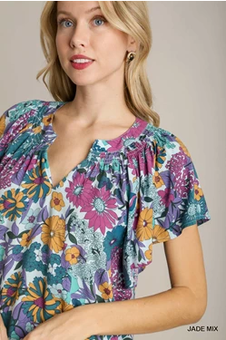 Jade Floral Split Neck Top
