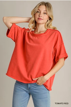 Red Washed Rolled Sleeve Top