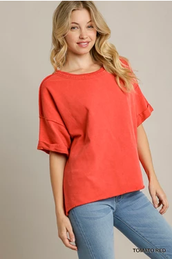 Red Washed Rolled Sleeve Top