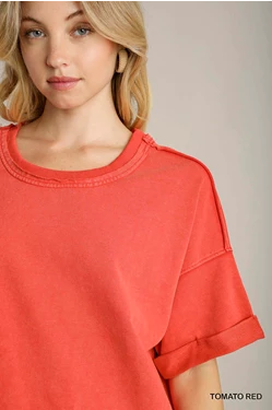Red Washed Rolled Sleeve Top