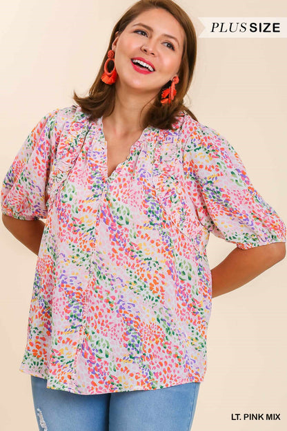 Light Pink Leopard Print Puff Sleeve Top - Plus
