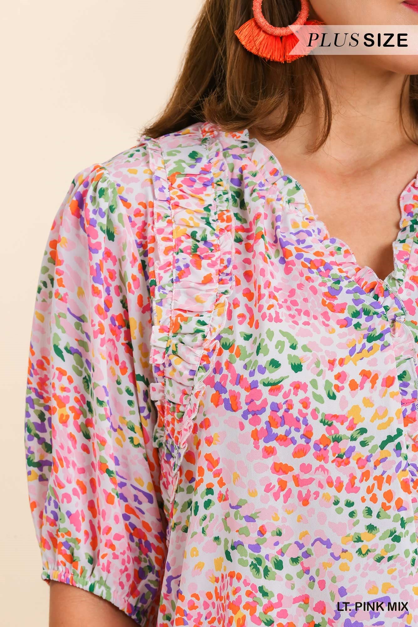 Light Pink Leopard Print Puff Sleeve Top - Plus