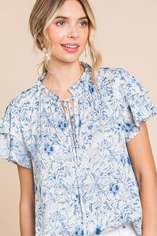 Blue Floral Tie Neck Top