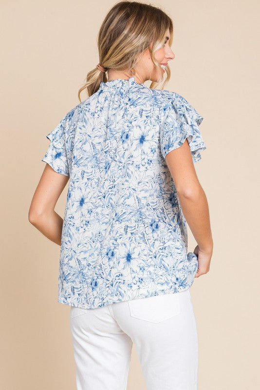 Blue Floral Tie Neck Top