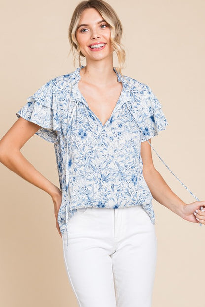 Blue Floral Tie Neck Top