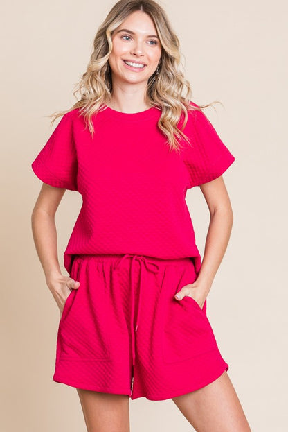 Fuschia Pink Embossed Shorts Set
