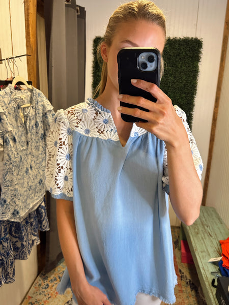 Blue Daisy Lace Linen Top