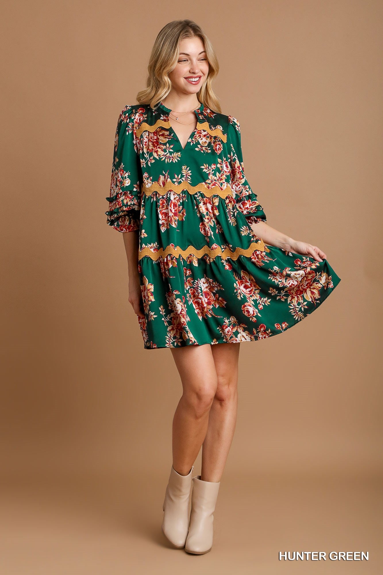 Hunter Green Floral Tiered Dress