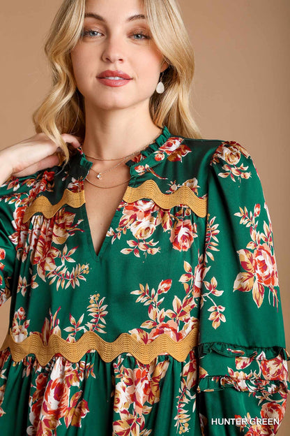 Hunter Green Floral Tiered Dress