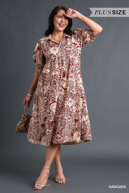 Wine Floral Midi Dress - Plus
