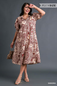 Wine Floral Midi Dress - Plus