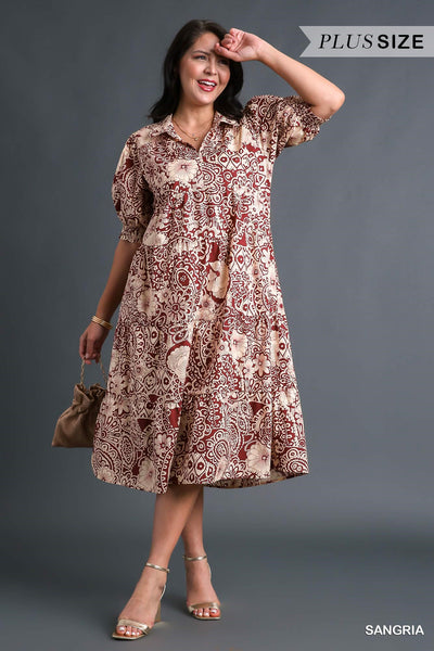Wine Floral Midi Dress - Plus